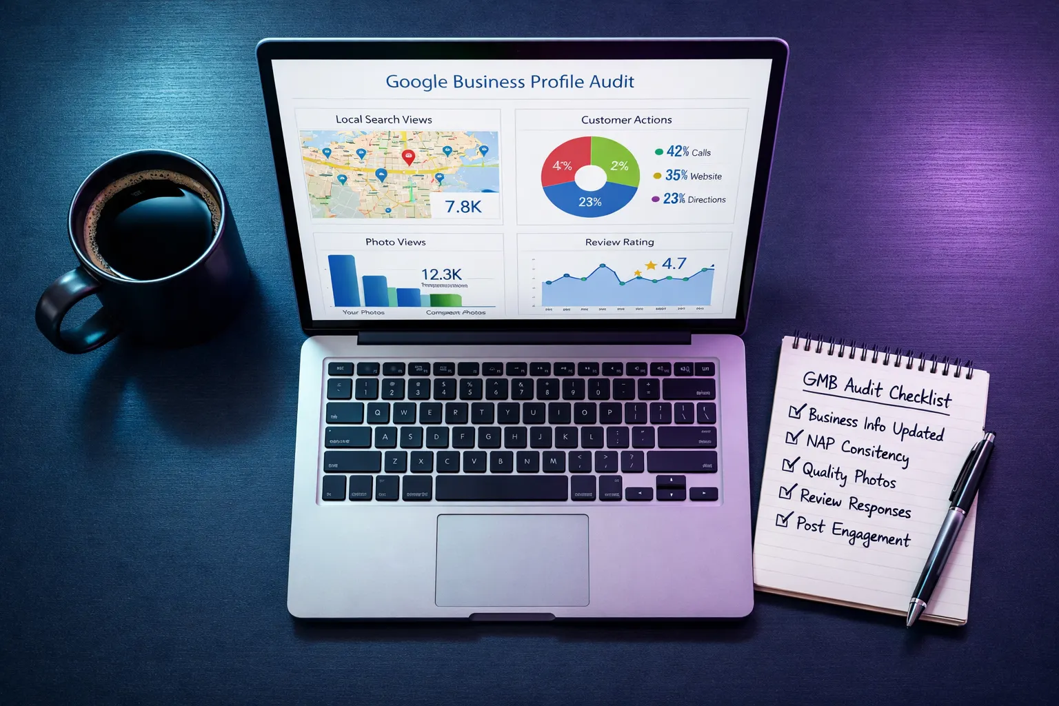 GBP Audit Dashboard on laptop with audit checklist