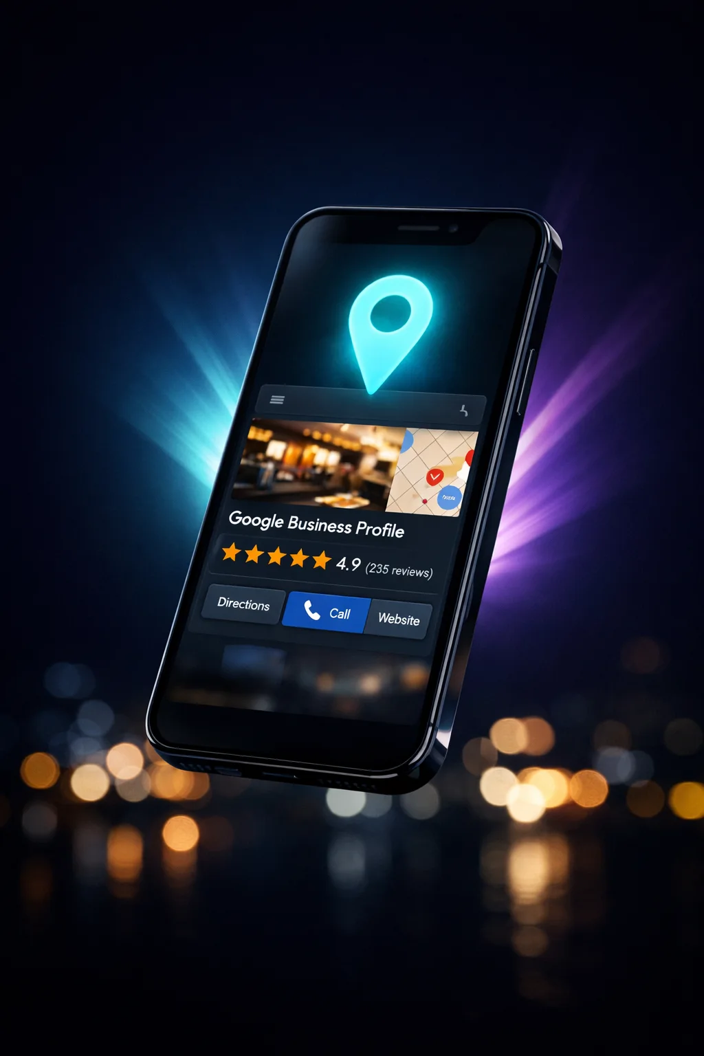 Google Business Profile optimized on smartphone with 4.9 star rating and city lights background